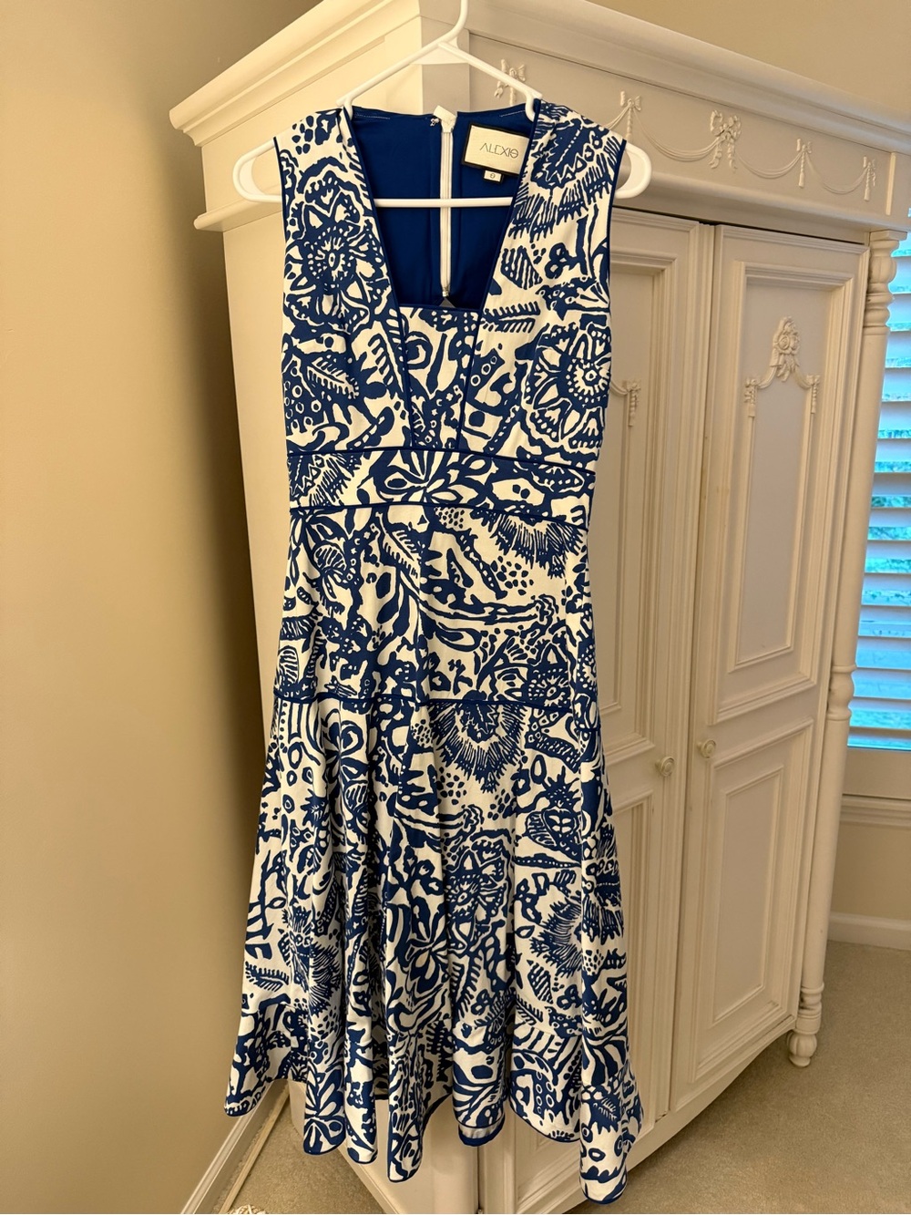 Blue & White Printed V-Neck Fit-and-Flare Dress